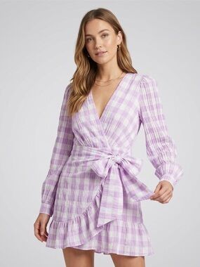 Mable, Lilac Gingham Wrap Dress with Bow  - L